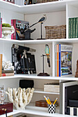 telescope tripod and books with parrots on bookshelves in Twickenham townhouse, Middlesex, England, UK