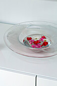 Flower petals in clear glass bowl   UK home