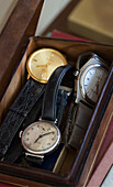 Vintage watches in leather box,  London home,  England,  UK