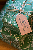 Gif wrapped presents tied with string  Dronfield home  Derbyshire  England  UK