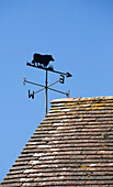 Weathervane on tiled roof against blue sky in Warminster  Wiltshire  England  UK