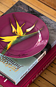Pink plate and books in London home England UK