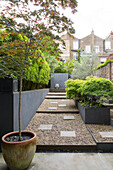 Mehrstöckiger Kies-Außengarten eines Londoner Stadthauses, England, UK