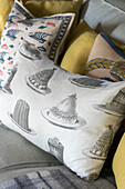 Cushion with jelly print on sofa in Somerset home UK