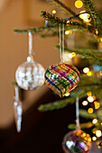 Vintage baubles on Christmas tree in Hertfordshire England UK