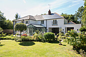 Sunlit garden and lawn of detached Sussex home UK