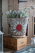 Painted bucket with dried lavender on wooden crate in Surrey farmhouse UK