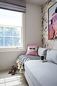 Marina striped throw with tassels on daybed in window of London townhouse UK
