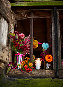 Schnittblumen im Fenster einer rustikalen Holzhütte im Herbst UK