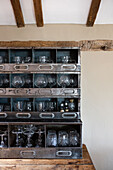 Industrial cabinet and vintage glassware