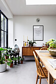 Wooden sideboard with houseplants and dining table in the bright dining area