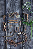 Vintage tools and objects, rustic wooden background