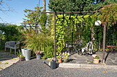 Terrassenecke mit Pergola, Bepflanzung und Sitzgruppe im Sommer