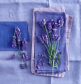 Lavender flowers and sprigs of lavender on purple cloth napkins