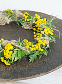Wreath made of tansy (Tanacetum vulgare), hops (Humulus), blackberry leaves (Rubus) and sack ribbon