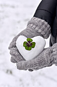 Gloved hands holding snow heart decorated with a lucky clover