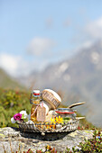Alpenkosmetik - Tablett mit Blüten und Badezusatz