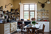 Country style kitchen with cabinets and mounted stag head