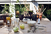 Apothecary bottles, bowls, and fruit on a potting bench