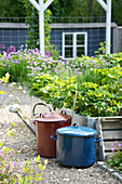 Garten mit Gemüsebeeten und bunten Töpfen auf Kiesweg