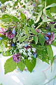 Wildblumenstrauß aus  Beinwell, Giersch, Rotklee (Trifolium pratense) und Wiesensalbei