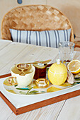 Tray with tea, honey and lemon