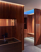 A spa area with wood panelling