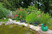 Garden pond surrounded by summer flowers