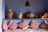 Morocco, interior of sitting room in hotel Dar Chefchaouen.