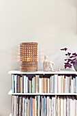 Lamp and figurine on bookshelf