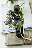 Wreath of Bugleweed, and strawberry leaves and flowers, encircling a bottle of balsamic vinegar.