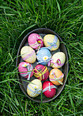 Colorful Easter eggs in a baking tin, on green grass, decorated with ribbons, daisies and bellis