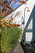 Outdoor shower and grasses in garden box on sunny roof terrace