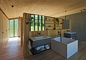 Modern bathroom in Japanese style with wooden panelling