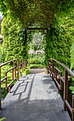 Holzbrücke mit überwachsener Pergola im Garten
