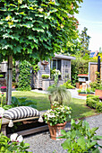 Sommertag im kleinen, gepflegten Garten mit Sitzbank und Gartenhaus