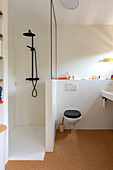 Bathroom with shower cubicle with glass partition and cork