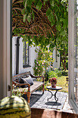 View of idyllic garden with bench and roses