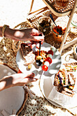 Summer picnic scene with antipasti and sandwiches on a picnic blanket