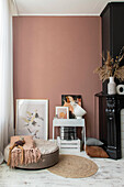 Dog bed, round carpet and antique pink wall