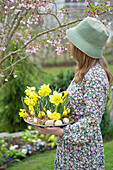 Frau mit floral bedrucktem Kleid hält Teller mit Osterglocken (Narcissus) und Eiern im Garten
