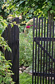 View through open wooden garden gate into the greenery to flower beds