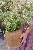 Person holding clay pot with gypsophila