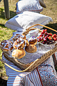 Picnic basket with biscuits and fruit, blanket and cushion