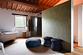 Modern bathroom with free-standing bathtub and walk-in shower