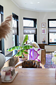 Bright living room with banana plant and corduroy sofa