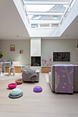 Living room with skylight, light-colored wooden floor and modern furniture