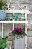 Shelf with vintage glass vases and flowers in zinc pot in front of stone wall
