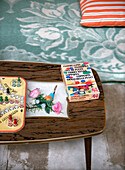 Vintage table with decorations and board games