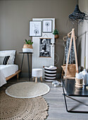 Bedroom with Scandinavian furniture and decorations in natural colors